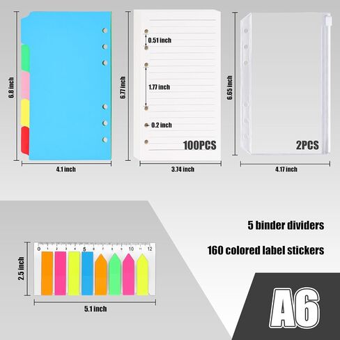 Koogel 100PCS A6 Refill Paper, 6 Holes Loose Leaf Paper 200 Lined Pages 2PCS PVC Pockets 160PCS Index Tabs with Ruler 5PCS Binder Dividers for School Office in Saudi Arabia