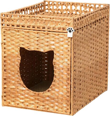 LUCKITTY Handwoven Rattan Cat Litter Box Enclosure for Large Litter Boxes, Includes 1 Litter Mat & 2 S-Hook Attachments, Furniture-Grade Hidden House for Living Room, Bedroom, 24.6"x24"x19.88" (Brown) in Saudi Arabia