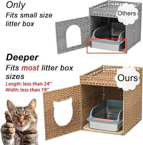 LUCKITTY Handwoven Rattan Cat Litter Box Enclosure for Large Litter Boxes, Includes 1 Litter Mat & 2 S-Hook Attachments, Furniture-Grade Hidden House for Living Room, Bedroom, 24.6"x24"x19.88" (Brown) in Saudi Arabia