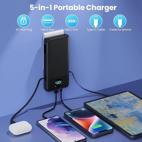 شاحن محمول USB C باور بانك مع 2 كابلات مدمجة ومقبس حائط تيار متردد، حزمة بطارية محمولة 13800 مللي أمبير في الساعة شحن سريع وشاشة LED مدمجة عالمية متوافقة مع iPhone 17/16 وGalaxy S23 والأجهزة اللوحية وغيرها in Kuwait