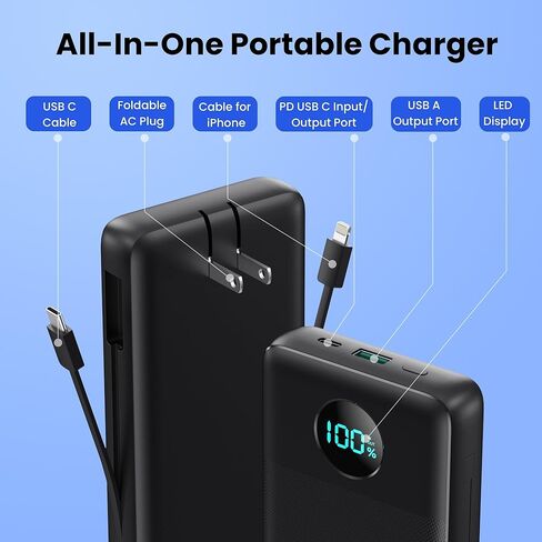 شاحن محمول USB C باور بانك مع 2 كابلات مدمجة ومقبس حائط تيار متردد، حزمة بطارية محمولة 13800 مللي أمبير في الساعة شحن سريع وشاشة LED مدمجة عالمية متوافقة مع iPhone 17/16 وGalaxy S23 والأجهزة اللوحية وغيرها in Kuwait