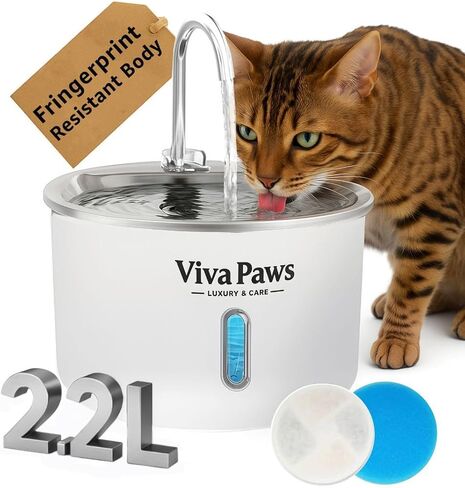 Viva Paws Cat Water Fountain, 2L/74oz Stainless Steel Pet Fountain with LED Light, Ultra-Quiet Pump <25dB, Water Level Window, 4-Stage Filter, Dishwasher Safe, for Cats & Small Pets in Saudi Arabia