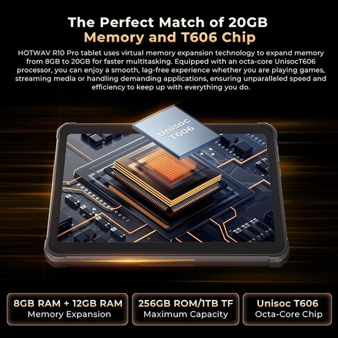 جهاز لوحي متين HOTWAV R10 Pro 2025، 20 جيجابايت + 256 جيجابايت/TF 1 تيرابايت أندرويد 14، تابلت 10.1 بوصة HD + مقاوم للماء، بطارية 10800 مللي أمبير، كاميرا 13 ميجابكسل + 5 ميجابكسل، ثماني النواة/شريحة اتصال مزدوجة 4G/WLAN 5/IP68&IP69K/Face ID/GPS/OTG in Kuwait