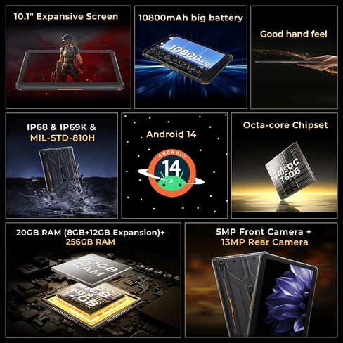 جهاز لوحي متين HOTWAV R10 Pro 2025، 20 جيجابايت + 256 جيجابايت/TF 1 تيرابايت أندرويد 14، تابلت 10.1 بوصة HD + مقاوم للماء، بطارية 10800 مللي أمبير، كاميرا 13 ميجابكسل + 5 ميجابكسل، ثماني النواة/شريحة اتصال مزدوجة 4G/WLAN 5/IP68&IP69K/Face ID/GPS/OTG in Kuwait