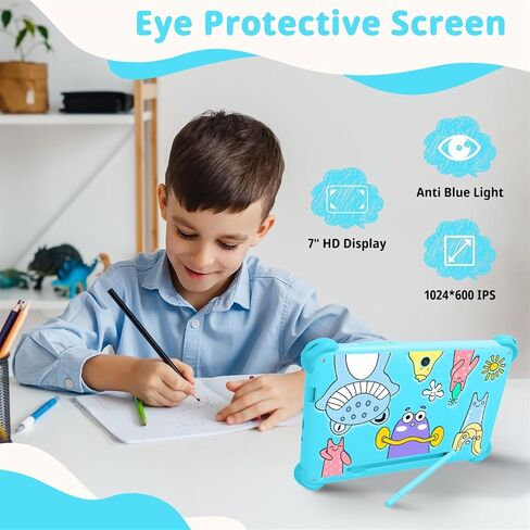 تابلت للأطفال مقاس 7 بوصات للأطفال، تابلت أندرويد للأطفال بسعة 32 جيجابايت مع حافظة متضمنة، واي فاي، بلوتوث، شاشة IPS، مراقبة الوالدين، أقراص تعليمية للأطفال من GMS للأولاد والبنات (أزرق) in Kuwait
