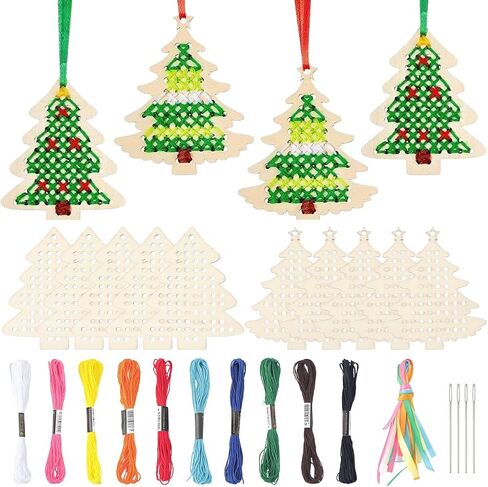 SUNNYCLUE DIY 12 Sets Wood Cross Stitch Kits Christmas Wooden Ornaments Wood Snowflake Xmas Tree Star Reindeer Winter Hanging Decorations Cross Stitch Kit for Beginners Starter Adults Gifts Holiday in Saudi Arabia