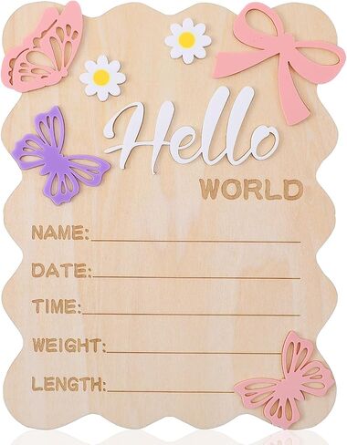 Hello World Newborn Sign, 5.9 Inch Wooden Baby Announcement Sign Pink Butterfly Style Birth Welcome Board for Newborn Boys Girls Photo Props Baby Shower Hospital Nursery (Dark Blue) in Saudi Arabia