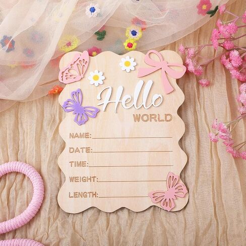 Hello World Newborn Sign, 5.9 Inch Wooden Baby Announcement Sign Pink Butterfly Style Birth Welcome Board for Newborn Boys Girls Photo Props Baby Shower Hospital Nursery (Dark Blue) in Saudi Arabia