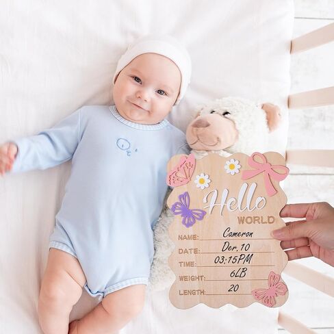 Hello World Newborn Sign, 5.9 Inch Wooden Baby Announcement Sign Pink Butterfly Style Birth Welcome Board for Newborn Boys Girls Photo Props Baby Shower Hospital Nursery (Dark Blue) in Saudi Arabia
