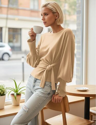 Women’s Twist Knot Sweatshirt Balloon Sleeve Side Tie Front Pullover Crew Neck Long Sleeve Loose Fit Tops Fall Clothes in Saudi Arabia