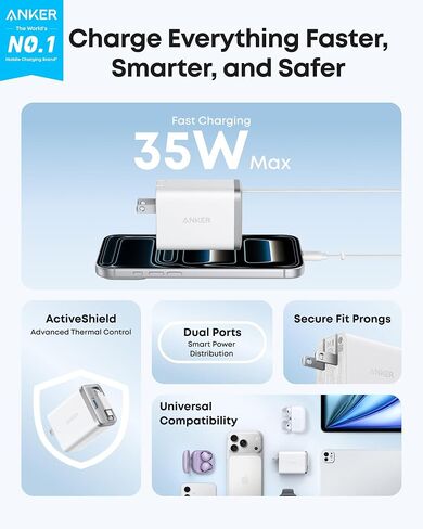 Anker Nano USB C Charger Block, 35W Max 2-Port Compact Charger with Durable Built-in Anker InstaCord Retractable Cable, with iPhone 17/16/15 Series, iPad, and More(Black,Non-Battery) in Saudi Arabia