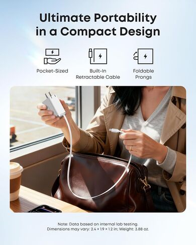 Anker Nano USB C Charger Block, 35W Max 2-Port Compact Charger with Durable Built-in Anker InstaCord Retractable Cable, with iPhone 17/16/15 Series, iPad, and More(Black,Non-Battery) in Saudi Arabia