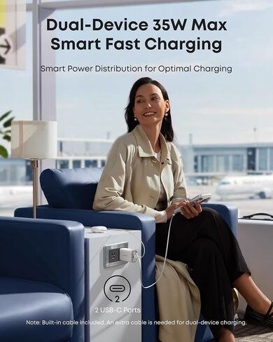 Anker Nano USB C Charger Block, 35W Max 2-Port Compact Charger with Durable Built-in Anker InstaCord Retractable Cable, with iPhone 17/16/15 Series, iPad, and More(Black,Non-Battery) in Saudi Arabia