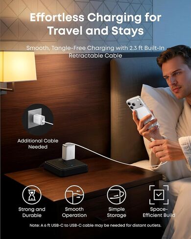 Anker Nano USB C Charger Block, 35W Max 2-Port Compact Charger with Durable Built-in Anker InstaCord Retractable Cable, with iPhone 17/16/15 Series, iPad, and More(Black,Non-Battery) in Saudi Arabia