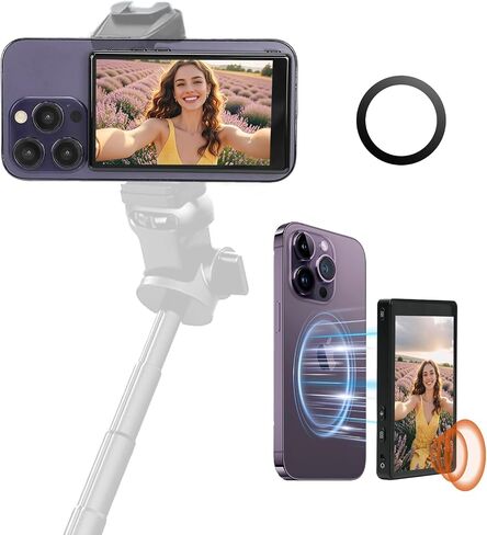 لشاشة Magsafe Selfie، شاشة شاشة لأجهزة iPhone وAndroid - مكبر صوت مدمج، شاشة سيلفي مغناطيسية بدقة 4K 60 إطارًا في الثانية، شاشة كاميرا خلفية لاسلكية، زر غالق بلوتوث مدمج in Kuwait