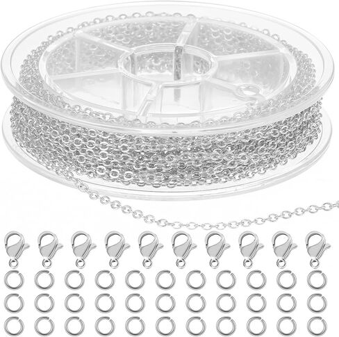 9.8 قدم سلسلة من الفولاذ المقاوم للصدأ لصنع المجوهرات ، وسلاسل الكبلات ارتباط القلادة الفضية مع 10 مشابك جراد البحر و 30 حلقات القفزة المفتوحة ، و Sarm Sudclet for Men Women Craft Craft - 1.5mm - in Kuwait