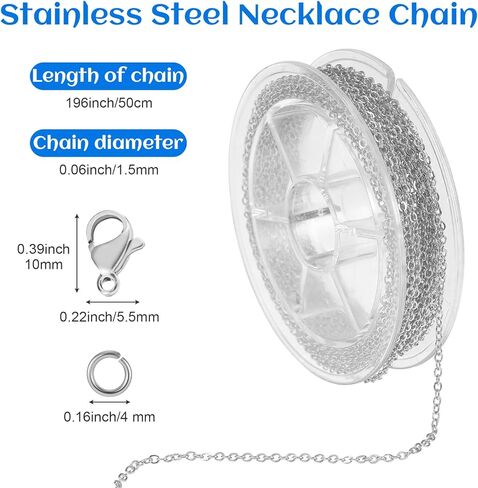 9.8 قدم سلسلة من الفولاذ المقاوم للصدأ لصنع المجوهرات ، وسلاسل الكبلات ارتباط القلادة الفضية مع 10 مشابك جراد البحر و 30 حلقات القفزة المفتوحة ، و Sarm Sudclet for Men Women Craft Craft - 1.5mm - in Kuwait