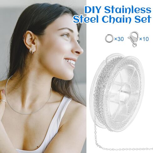 9.8 قدم سلسلة من الفولاذ المقاوم للصدأ لصنع المجوهرات ، وسلاسل الكبلات ارتباط القلادة الفضية مع 10 مشابك جراد البحر و 30 حلقات القفزة المفتوحة ، و Sarm Sudclet for Men Women Craft Craft - 1.5mm - in Kuwait