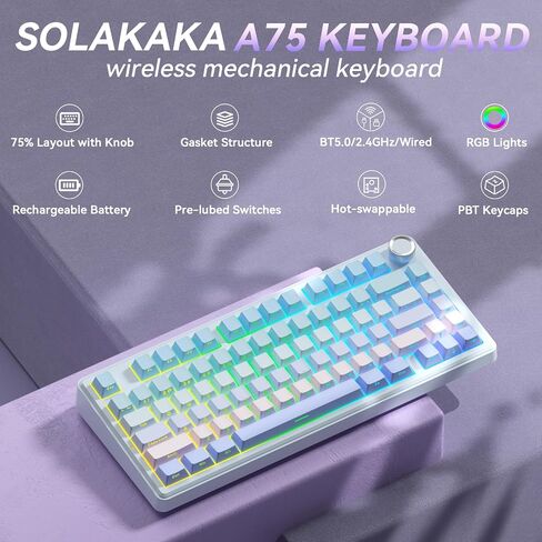 SOLAKAKA A75 لوحة مفاتيح ميكانيكية لاسلكية بنسبة 75%، لوحة مفاتيح ألعاب قابلة للتبديل السريع مع مقبض متعدد الوظائف وRGB، لوحة مفاتيح كريمية مثبتة على حشية، أغطية مفاتيح PBT، تخطيط مدمج لـ Win/Mac/PC in Kuwait
