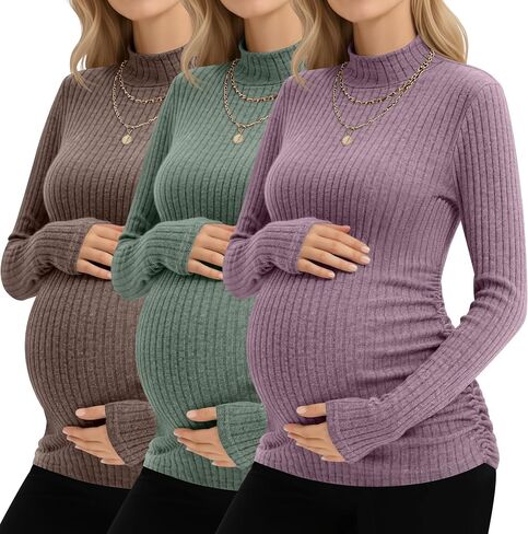 Neer 3 Pack Women's Maternity Tops, Pregnant Long Sleeve Sweaters Mock Turtleneck Pregnancy Shirts Ribbed Knit Mama Clothes in Saudi Arabia