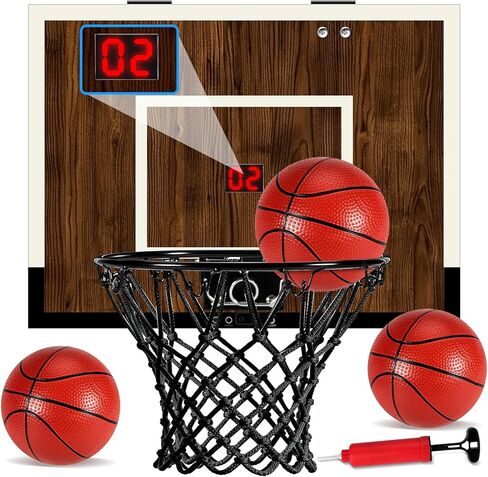 Indoor Mini Basketball Hoop Set – Over The Door with Wood Backboard & Iron Rim – Includes 2 Balls & Air Pump – Anti-Shock Padding – 16"x12"x3" in Kuwait