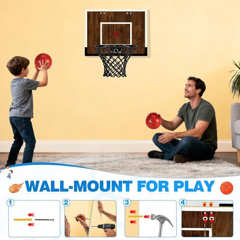 Indoor Mini Basketball Hoop Set – Over The Door with Wood Backboard & Iron Rim – Includes 2 Balls & Air Pump – Anti-Shock Padding – 16"x12"x3" in Kuwait