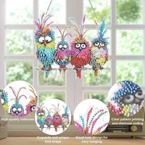 MUNORIAY Diamond Art Hanging Kit: Diamond Painting Art Kit for Adults - 5D DIY Special Shaped Rhinestone Double Sided Four Birds Hanging Ornament for Handicraft Lovers Home Garden Decor in Saudi Arabia