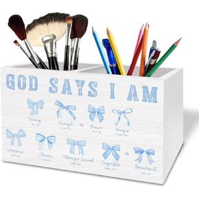 Coquette Pink Bow Christian Pen Holder for Desk, God Says I Am Bible Verse Wooden Box Sign Desk Decor for Home Office Decoration, Religious Pencil Organizer, Preppy Girly Room Decor in Kuwait