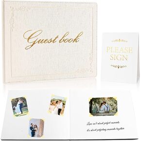 8x10 Leather Guest Book and Standup Sign Set, Gold Foiled Cover Registry Book for Wedding Reception, Retirement Party, Vacation Homes and Events, 120 Pages (White) in Saudi Arabia