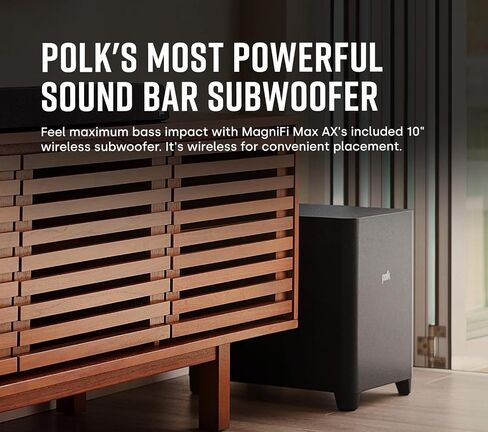 شريط صوت Polk MagniFi Max AX SR 7.1.2 قناة مع مضخم صوت لاسلكي 10 بوصات ومكبرات صوت محيطية SR2 (موديل 2022)، معتمد من Dolby Atmos وDTS:X، وتقنيات VoiceAdjust وSDA الحاصلة على براءة اختراع من Polk (متجددة) in Kuwait
