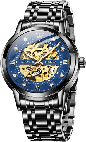 OLEVS Men's Skeleton Watch Luxury Dress Black Leather Silver Gold Tourbillon Moon Phase Automatic Mechanical Self-Winding Waterproof Luminous Wrist Watches… in Saudi Arabia
