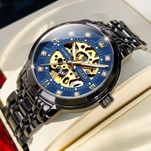 OLEVS Men's Skeleton Watch Luxury Dress Black Leather Silver Gold Tourbillon Moon Phase Automatic Mechanical Self-Winding Waterproof Luminous Wrist Watches… in Saudi Arabia