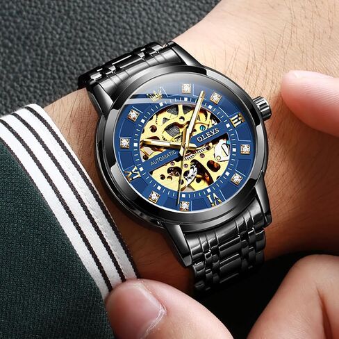 OLEVS Men's Skeleton Watch Luxury Dress Black Leather Silver Gold Tourbillon Moon Phase Automatic Mechanical Self-Winding Waterproof Luminous Wrist Watches… in Saudi Arabia