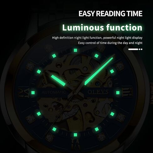 OLEVS Men's Skeleton Watch Luxury Dress Black Leather Silver Gold Tourbillon Moon Phase Automatic Mechanical Self-Winding Waterproof Luminous Wrist Watches… in Saudi Arabia