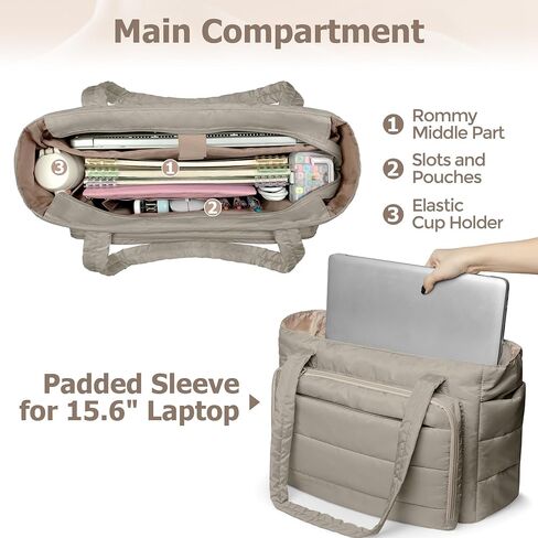 Yarwo Puffy Teacher Tote Bag for Women, Lightweight Work Bag with Accordion File Organizer Pocket and 15.6 in Laptop Sleeve in Saudi Arabia
