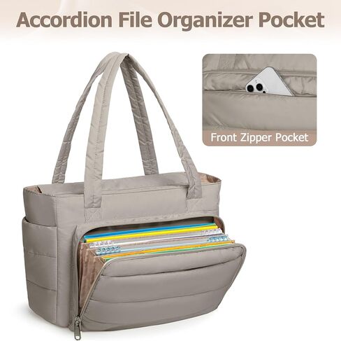 Yarwo Puffy Teacher Tote Bag for Women, Lightweight Work Bag with Accordion File Organizer Pocket and 15.6 in Laptop Sleeve in Saudi Arabia
