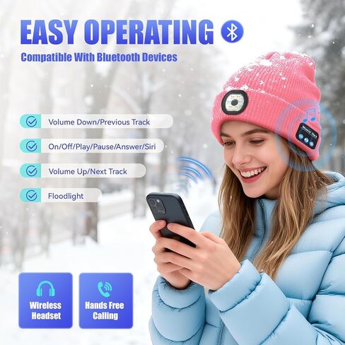 Bluetooth Beanie Hat with Light, Headlamp Cap with Headphones and Built-in Speaker Mic, Gifts for Men Women Husband Him Black in Saudi Arabia