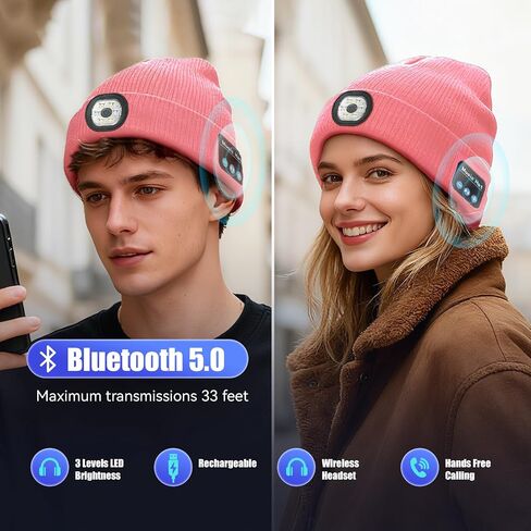 Bluetooth Beanie Hat with Light, Headlamp Cap with Headphones and Built-in Speaker Mic, Gifts for Men Women Husband Him Black in Saudi Arabia