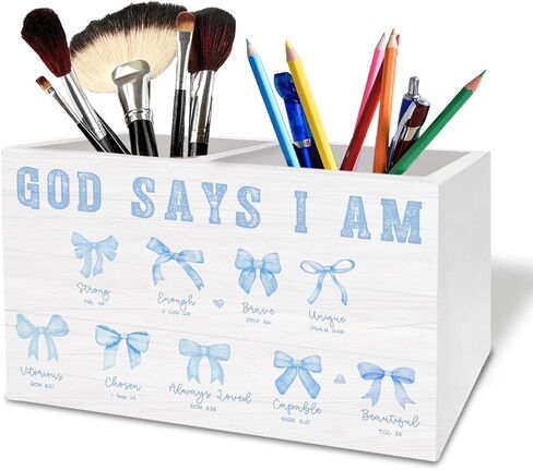 Coquette Pink Bow Christian Pen Holder for Desk, God Says I Am Bible Verse Wooden Box Sign Desk Decor for Home Office Decoration, Religious Pencil Organizer, Preppy Girly Room Decor in Kuwait
