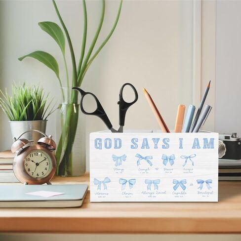 Coquette Pink Bow Christian Pen Holder for Desk, God Says I Am Bible Verse Wooden Box Sign Desk Decor for Home Office Decoration, Religious Pencil Organizer, Preppy Girly Room Decor in Kuwait