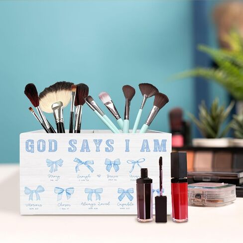 Coquette Pink Bow Christian Pen Holder for Desk, God Says I Am Bible Verse Wooden Box Sign Desk Decor for Home Office Decoration, Religious Pencil Organizer, Preppy Girly Room Decor in Kuwait