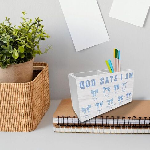Coquette Pink Bow Christian Pen Holder for Desk, God Says I Am Bible Verse Wooden Box Sign Desk Decor for Home Office Decoration, Religious Pencil Organizer, Preppy Girly Room Decor in Kuwait