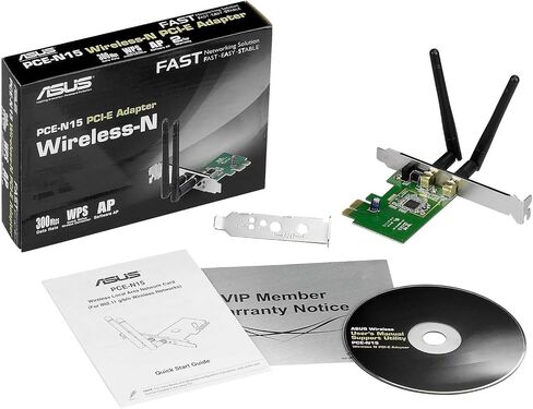 محول الشبكة اللاسلكي ASUS(PCE-N15) ذو الأداء الأقصى (إرسال بسرعة 300 ميجا بت في الثانية / استقبال بسرعة 300 ميجا بت في الثانية) مع واجهة PCI-E، يتضمن دعامة كاملة الارتفاع ومنخفضة المستوى، ودعم زر WPS in Saudi Arabia