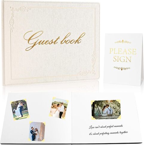 8x10 Leather Guest Book and Standup Sign Set, Gold Foiled Cover Registry Book for Wedding Reception, Retirement Party, Vacation Homes and Events, 120 Pages (White) in Saudi Arabia
