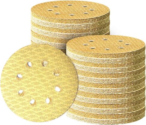 أقراص صنفرة بخطاف وحلقة مقاس 5 بوصات 170 قطعة، 8 فتحات خالية من الغبار، 80/120/150/180/220/320/400/600 حبيبة، ورق صنفرة ماسي أصفر للسيارات المعدنية الخشبية، دعامة من اللاتكس 135 جرام in Kuwait
