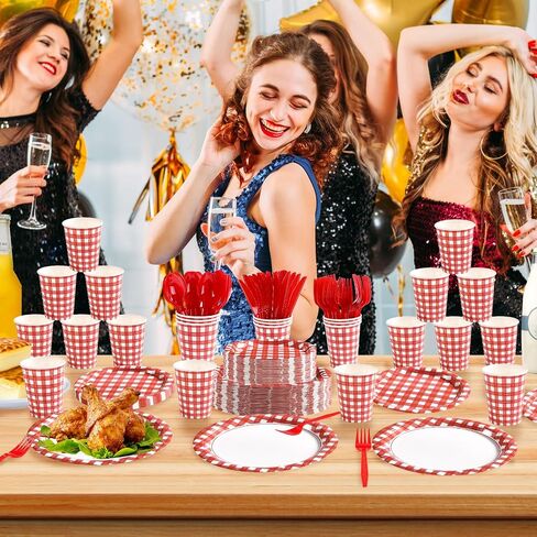 Grencian 168pcs زخارف الحفل الأسود والأحمر النقطة الحمراء على اللوحات السوداء Napkins Cups Forks Knives ملاعق أدوات مائدة الورق القابلة للتخلص من التخرج ، وتوازم حفلات حفلات الزفاف ، 24 in Saudi Arabia