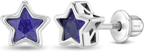 925 Sterling Silver CZ Simulated Birthstone Bezel Set Stars Screw Back Earrings For Toddlers & Little Girls - Sweet Star Shaped Cubic Zirconia Earrings For Girls - Colorful Star Earrings For Preteens in Kuwait