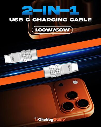 chubbycable Duo-Flex 100W & 60W 2-in-1 Fast Charging & Data Transfer Cable with Soft Silicone USB C Multi Charging Cable for iPhone 17 Series iPad Galaxy Series, Orange in Saudi Arabia