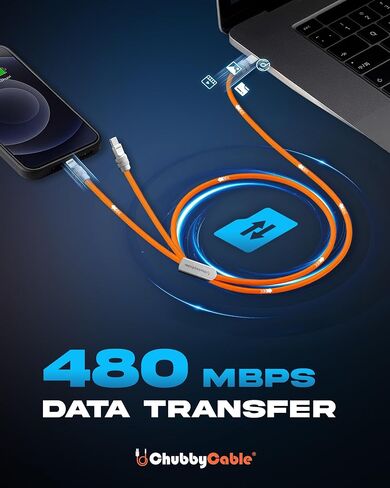 chubbycable Duo-Flex 100W & 60W 2-in-1 Fast Charging & Data Transfer Cable with Soft Silicone USB C Multi Charging Cable for iPhone 17 Series iPad Galaxy Series, Orange in Saudi Arabia