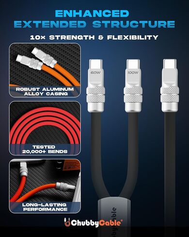chubbycable Duo-Flex 100W & 60W 2-in-1 Fast Charging & Data Transfer Cable with Soft Silicone USB C Multi Charging Cable for iPhone 17 Series iPad Galaxy Series, Orange in Saudi Arabia